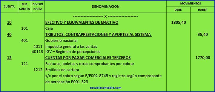 Asiento contable de cobro y registro de percepción