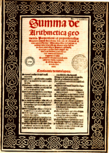 Summa de Arithmetica, Geometría, Proportioni et proportionalita, libro escrito por Fray Luca Pacioli el padre de la contabilidad.